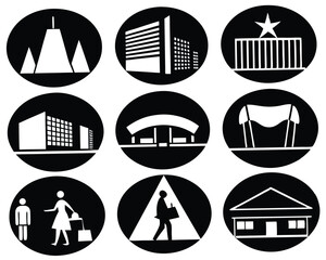 Black and White Icon Set: City Buildings, Architecture, Shopping, People, and Home - Vector Graphics for Design Projects