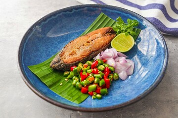 Spicy Deep Fried Salted Fish, close up, thai food	