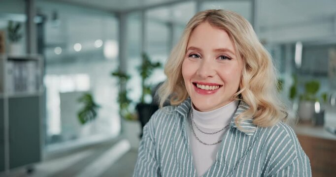Face, smile and woman in office, computer or confident for web design on app, brand identity or online. Business, graphic designer or person with software for project, creative agency and tech in USA