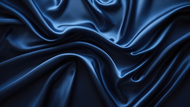Elegant dark blue silk satin surface with gentle creases on lustrous fabric. Luxurious background with room for text and design. Web banner. Flat lay from above.