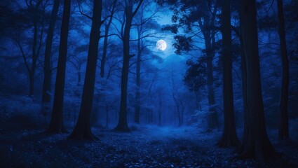Fototapeta premium Moonlit night in a blue forest with infrared