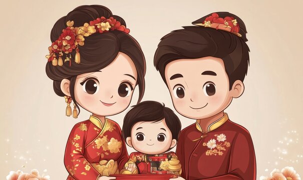 asian happy family dad mom daughter and son tog cartoon  illustration, Generative AI
