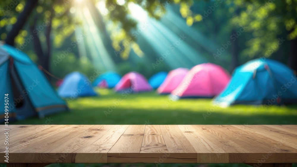 Poster blurred camping tent and grassy field with a wooden table surface. concept of freshness and relaxati
