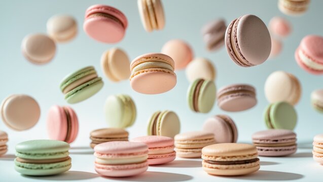 Vibrant macarons cake, overhead view layout, delightful macaroon on separate backdrop.