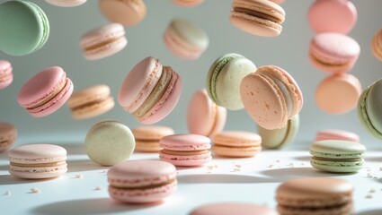 Obraz premium Brightly colored macarons cake, flat lay perspective, sugary macaroon on isolated surface.