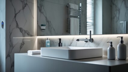 Fototapeta premium Mirror-finish chrome tap over the sink, adjacent to an electric toothbrush and soap dispenser. Vertical view of a modern bathroom environment showcasing a fresh towel on a heated rail against ceramic