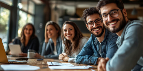 Business team working on new project and smiling, Generative AI