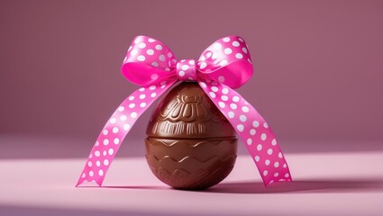 Big cheerful chocolate egg adorned with a pink polka dot ribbon bow on a lovely feminine pink backdrop.