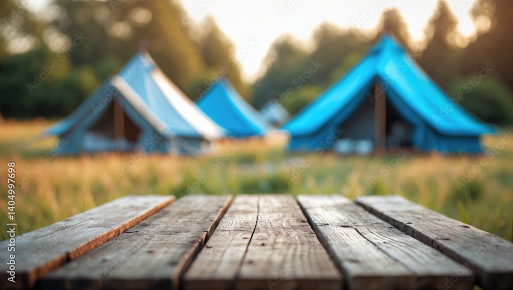 Poster blurred tent camping and grassy field with wooden table top. fresh and relax theme for product displ
