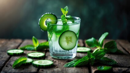 Fototapeta premium Detox water with infused cucumber and mint. Dark setting.