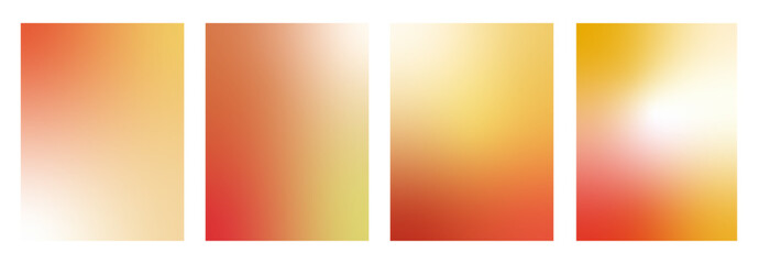 Warm gradient backgrounds. Autumn gradation templates set. Vector bright fall backdrops with blur effect. Soft ombre orange yellow and red wallpaper design. Sun light abstract graphic design. © Syuzann q