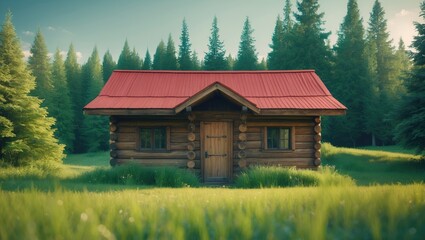 Obraz premium Charming wooden cabin nestled in a peaceful setting, encircled by vibrant evergreen trees.