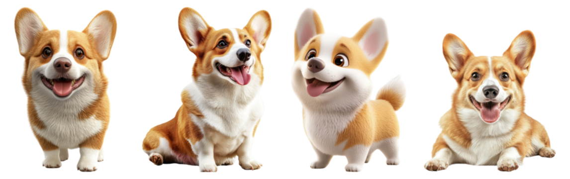 Playful Cartoon Corgis with Happy Expressions and Bright Colors, Isolated on Transparent Background