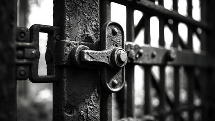 Black and white image of an old steel door