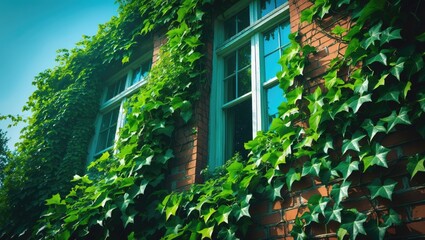 Ivy covering the wall and window, green foliage, springtime plants, ivy growth on buildings