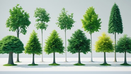Obraz premium Set of isolated green trees against a background.