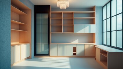 Fototapeta premium Contemporary living room design. Fresh furnishings. Timber wardrobe. Vacant shelves and counter