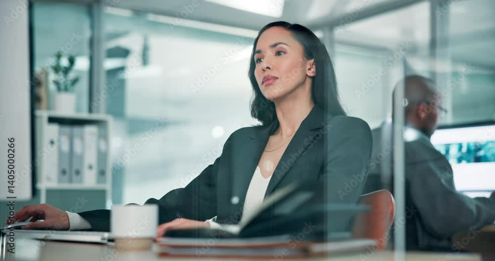 Aufkleber computer, typing and email with business woman in office for web consultant, online advisor or plann