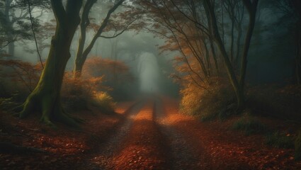 Fototapeta premium Autumn Alley Enveloped in Mist with Brilliantly Colored Leaves on a Clear Morning - Lovely Landscape Backdrop or Wallpaper