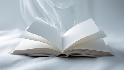 Mockup of an open empty square book on a design paper backdrop.