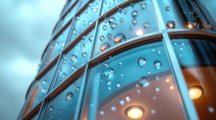 Raindrops accumulate on the surface of skyscrapers, creating a close-up shot that captures the beauty of water in rainy weather