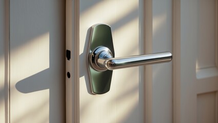 Trendy stainless steel door handle on white wooden doors