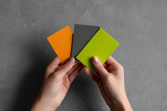 Hands holding three textured cards: orange, gray, and lime green.  Showcase of color palettes, ideal for branding or design inspiration