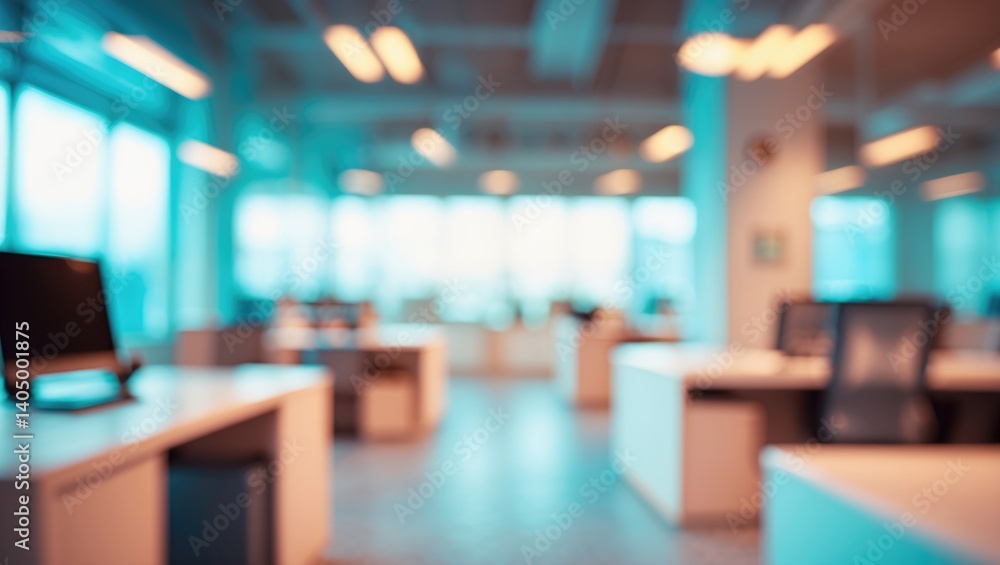 Poster current open space workplace design empty of people featuring a soft bokeh background.