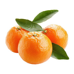Mandarin tangerines with fresh green leaves arranged on a clean Transparent background, Mandarin tangerine citrus fruit with leaf isolated on PNG background