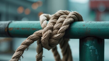 A detailed view of a worn, tattered rope securely tied around a aged metal bar.
