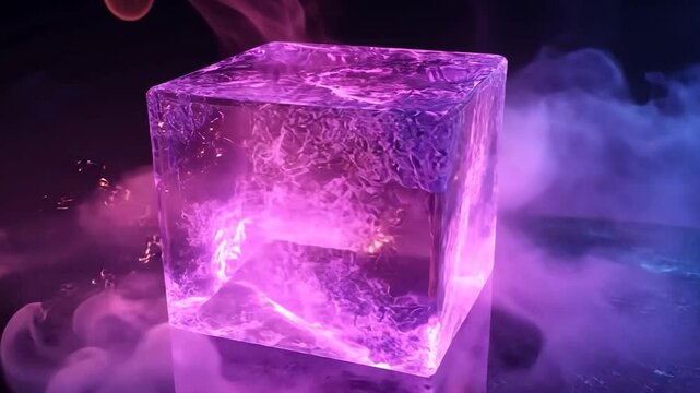 Neon cube with smoke, abstract art