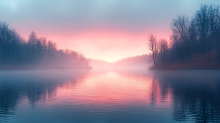 Fototapeta premium Serene sunrise over misty lake reflecting pastel colors.