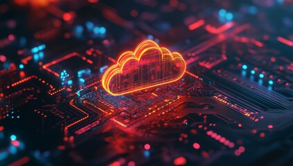 Cloud computing on circuit board.  Intricate glowing cloud icon superimposed on a complex electronic circuit board
