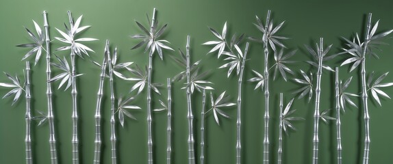 Naklejka premium silver bamboo shoots on green plain background for wide banner design