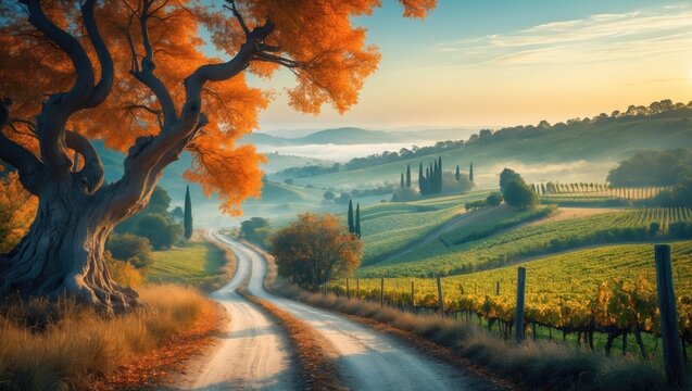 Rolling hills viewed through natural autumn tree frames, with organized vineyard rows, meandering dirt paths, and hazy horizons under a bright blue sky.