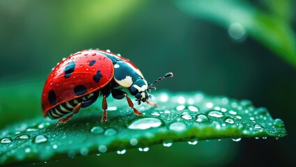 A green leaf is crawled on by a ladybug