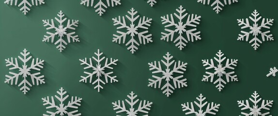 silver snowflakes on green plain background for wide banner design
