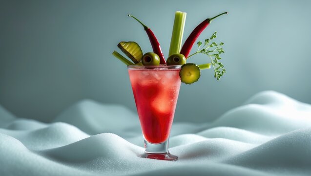 Big Bloody Mary drink featuring a stick and pickles, celery, olives, pepper, and onion on a white background.