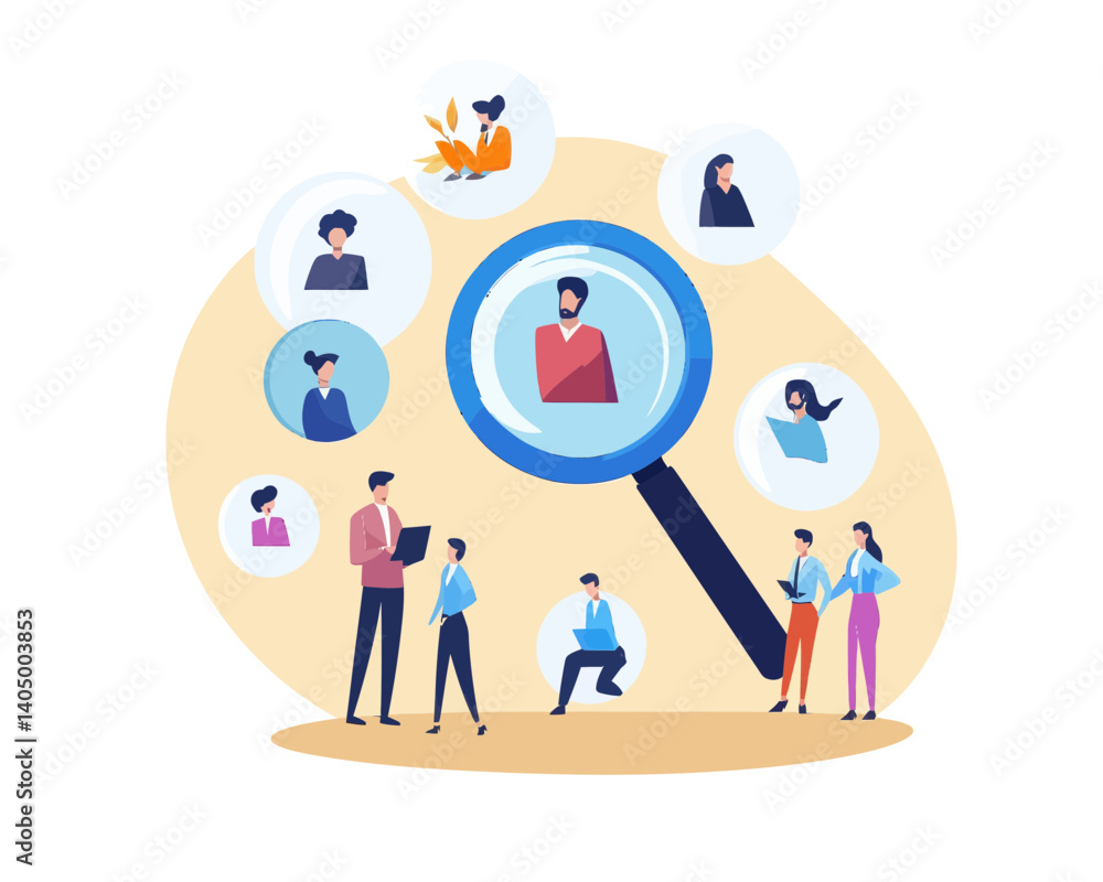 Poster customer centric marketing strategy and user experience design with businessman using magnifying gla