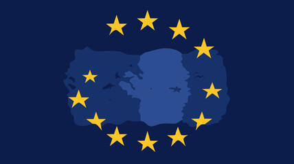 European Union Flag with Continent Map Overlay, Symbolizing Unity and Cooperation in Europe, Abstract Vector Illustration for Political, Geographic, and International Relations Concepts