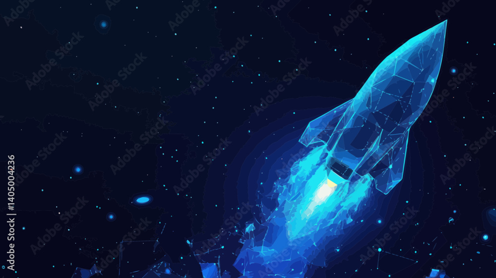Aufkleber 3d digital rocket launch into outer space for career takeoff concept - low poly wireframe vector ill