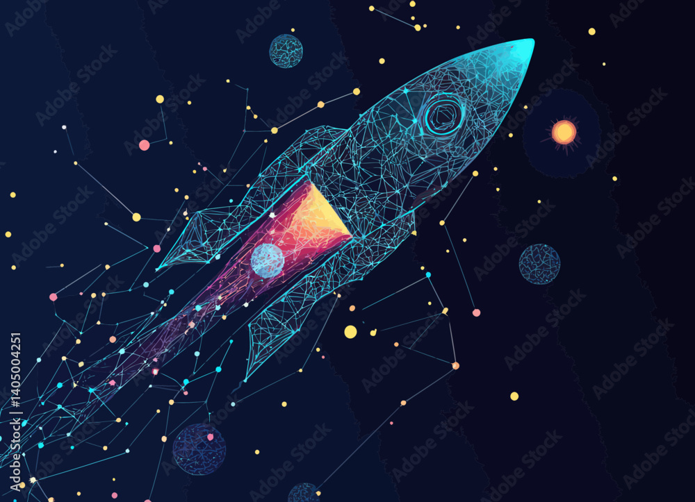 Poster abstract vector rocket in starry space with planets and universe elements, minimalist art for busine