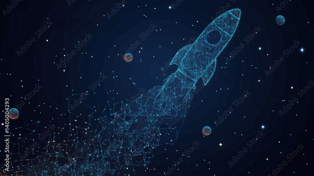 Aufkleber abstract rocket launch in starry space universe with planets and stars, minimalist wireframe vector 