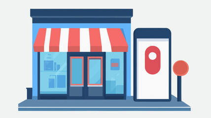 Vector Illustration of a Local Storefront with Red Striped Awning and Digital Signboard for Small Business Concept and Retail Shop Design