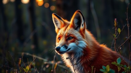 Obraz premium Majestic red fox in golden sunset light captivating wildlife portrait forest background