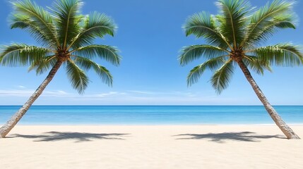 Fototapeta premium Tropical beach scene with two palm trees.
