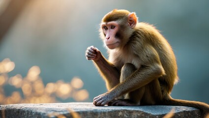 A monkey on a stone surface seems deep in thought as it eats
