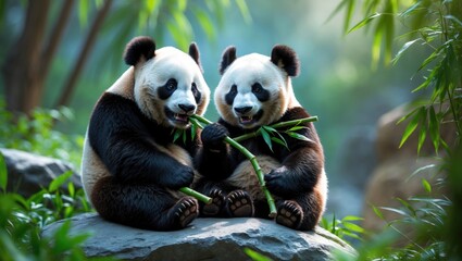 Obraz premium A mother Panda and her baby Panda are napping and munching on bamboo at the zoo