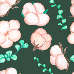 cotton flowers on a green background, raster hand drawing with colored pencils, seamless pattern