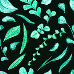 green leaves and twigs on dark green background, raster hand drawing with colored pencils, seamless pattern